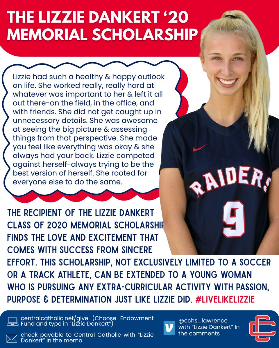 CCRaider_GSoc's tweet photo. Honoring Lizzie’s legacy by celebrating young women who lead with passion, purpose, and determination ❤️

If you would like to donate to the scholarship
💻 https://t.co/igskHwwpB4. Choose “Endowment” and then type in Lizzie Dankert (link in bio)
#livelikelizzie #raider4life https://t.co/oCiI6ibrma