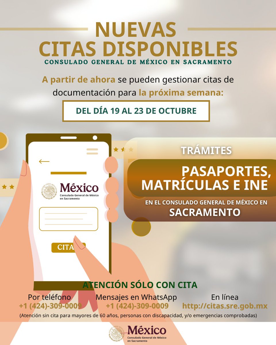 consulmexsac's tweet photo. 👉 PRÓXIMA SEMANA | 19 al 23 de octubre
📍 Pasaportes, Matrículas Consulares e INE.

📲 1424 309 0009 
💻 https://t.co/CkURKk8qeN

⚠️ ¡Agenda tu cita!
#ConsuladoAPuertasAbiertas ✨ https://t.co/Cah98qwTdf