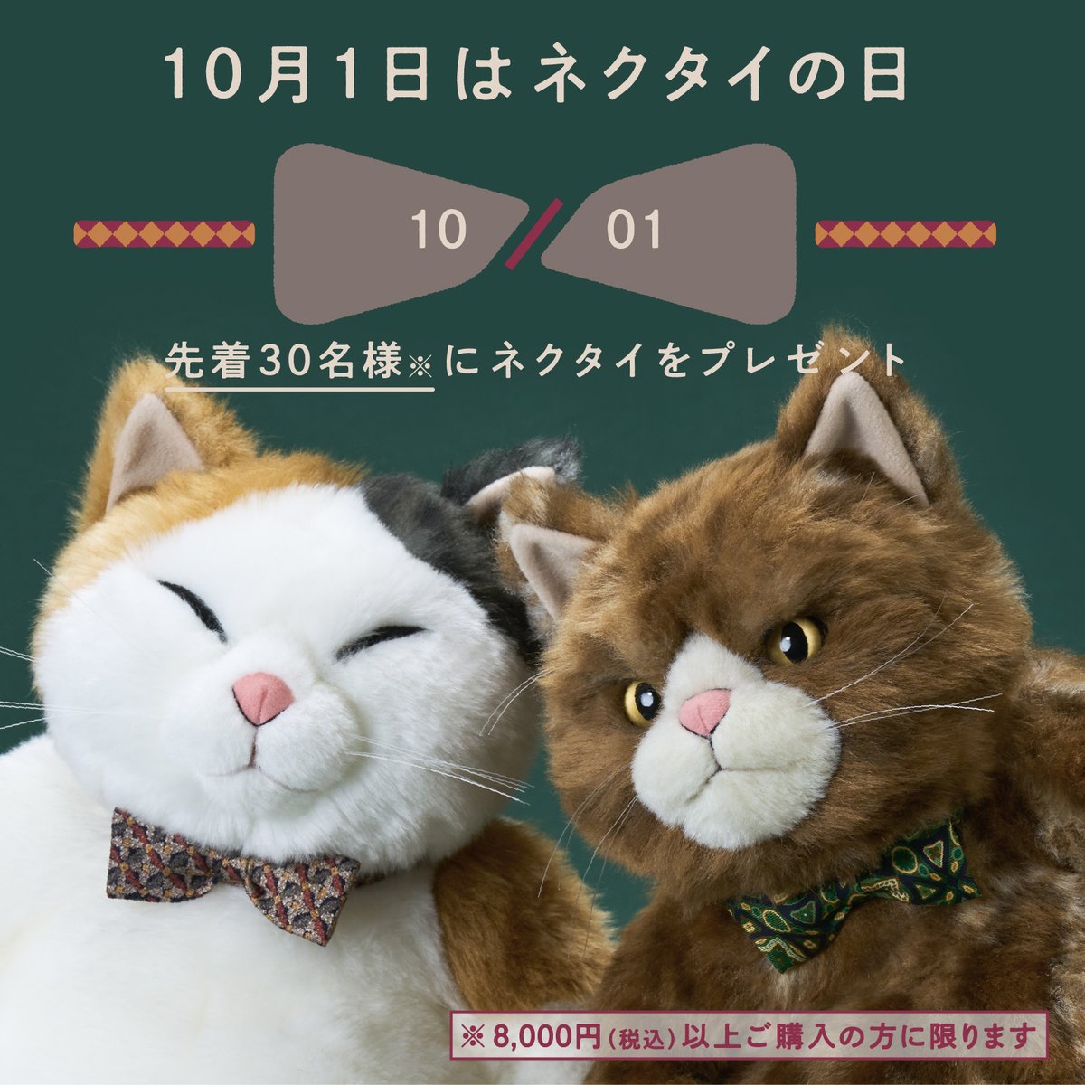 CuddlyOfficial's tweet photo. 【公式オンラインショップよりお知らせ】
※先着30名・期間限定のプレゼント企画※

10月1日は #ネクタイの日
Cuddly公式オンラインショップでは、8,000円以上ご購入いただいたお客様（先着30名様）に、猫たちが着用可能な蝶ネクタイをプレゼント致します。
https://t.co/A8v80tDtzS

#cuddly https://t.co/7J3UsWMPRl