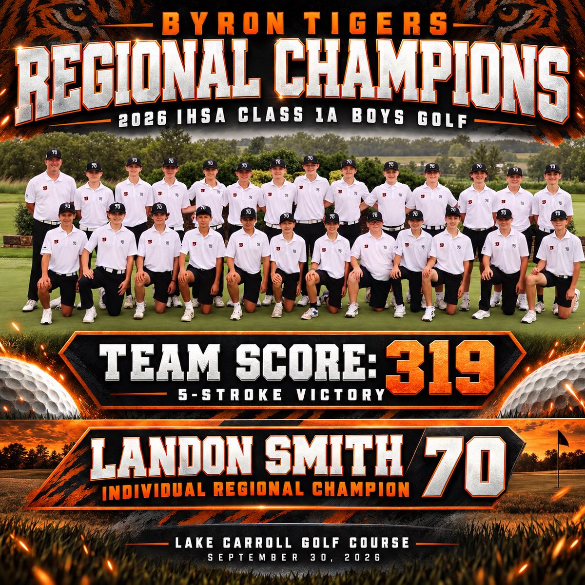 byronhsad's tweet photo. Congratulations to the Tiger golfers for bringing home the regional trophy today!  We host the sectional tournament next Monday at PrairieView!  #ByronTigers #TigerPride https://t.co/jn2DwvQIkv