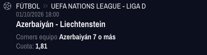 pickscardscorne's tweet photo. Pronóstico Prepartido 01/10 18:00 
⏰🛎️🔔⚽️👇

UEFA Nations League

Azerbaiyán 🇦🇿- Liechtenstein 🇱🇮 

Azerbaiyán 7 o mas Corners 
( + 6.5 Corners )

@ 1.81

Stake 8.5/10 https://t.co/gtQyOmkaiZ