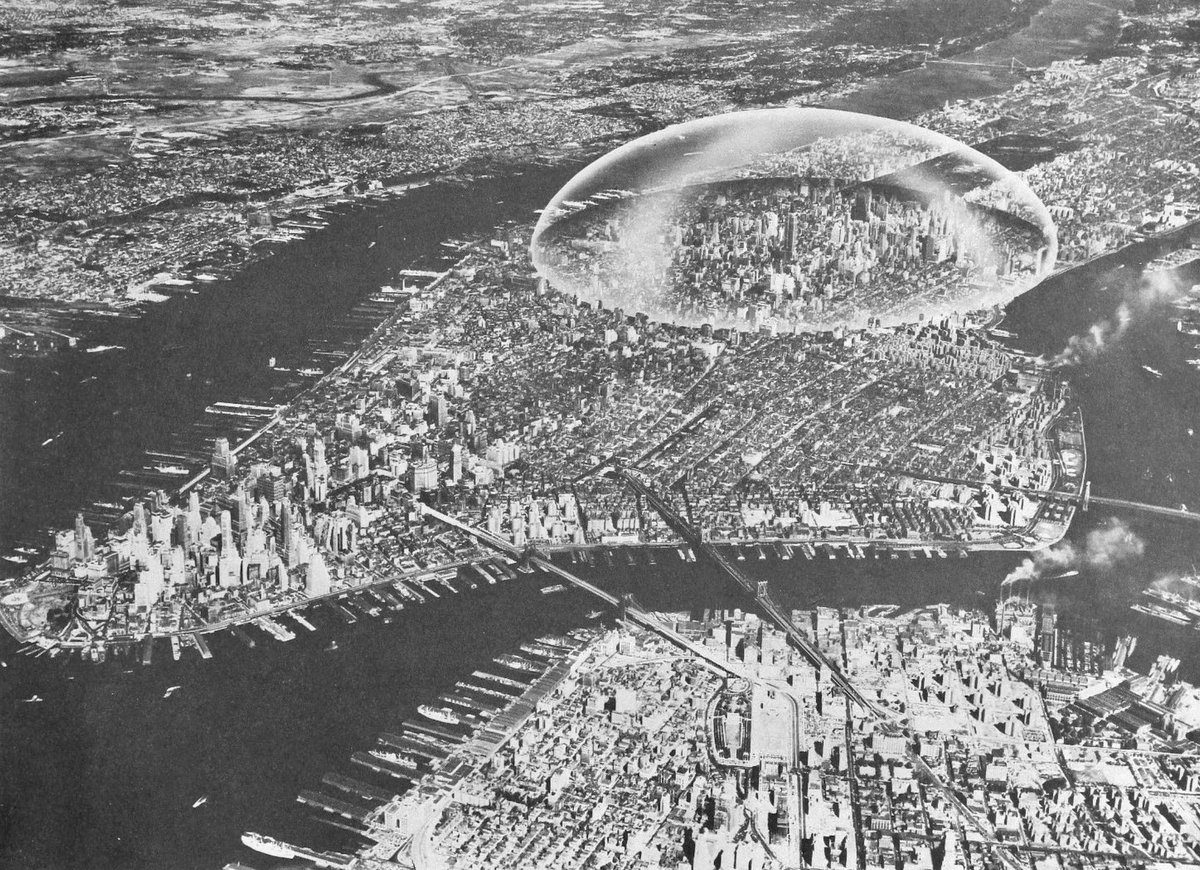 HumanoidHistory's tweet photo. A transparent dome over Manhattan, proposed by Buckminster Fuller and Shoji Sadao in 1960. Two miles wide and about a mile high, it would turn Midtown into a climate-controlled paradise. https://t.co/cb6S1Lp9ap