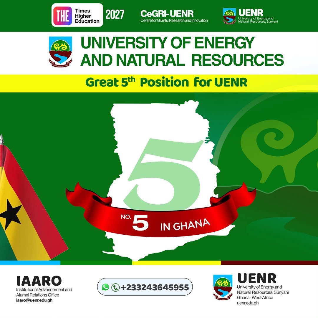 VOICE_OF_UENR1's tweet photo. Proud moment for UENR🎊

The University of Energy and Natural Resources is ranked No. 5 in Ghana in the Times Higher Education World University Rankings 2027 (World Rank: 1801–2000).
Congratulations to our entire community on this achievement.
#THERankings2027 #GhanaUniversities https://t.co/QKboZ3Pph9