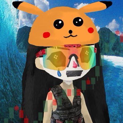 A digital artwork depicts a figure wearing a Pikachu hat and reflective sunglasses, with a glitching pixelated effect over the image.