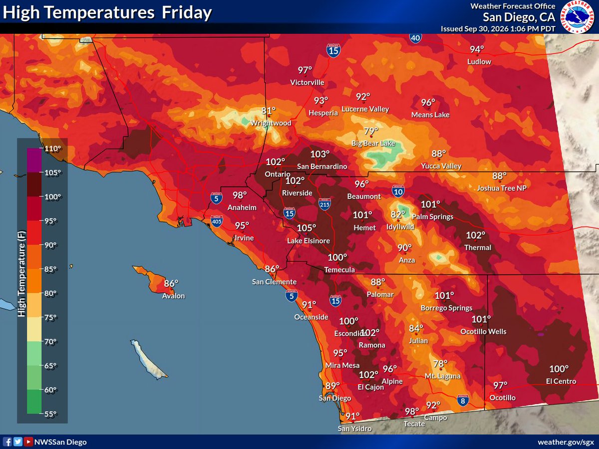 NWSSanDiego's tweet photo. Listen, we don't want it either, but contrary to popular belief we don't control the weather (unless it's nice, then it's 100% on us).

Hot weather is coming and an Extreme Heat Watch is in effect Fri-Wed for the coasts, valleys, and Santa Ana Mountains: https://t.co/MXhJ1b0e0u https://t.co/ov8jgZRkFX