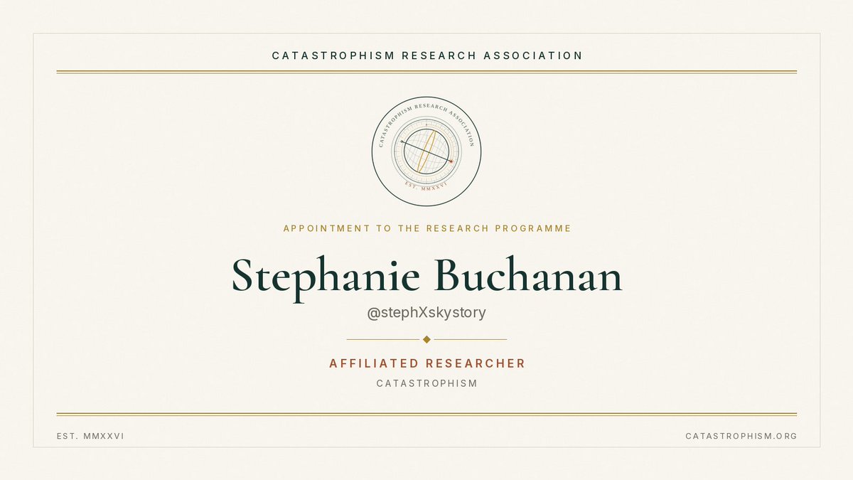 catastrophismRA's tweet photo. Excited to announce that the CRA has appointed Stephanie Buchanan (@stephXskystory) as an Affiliated Researcher!

Members can follow her work and the work of every CRA researcher in one place at https://t.co/akRaoV6o7Q https://t.co/VBpioK4rGU