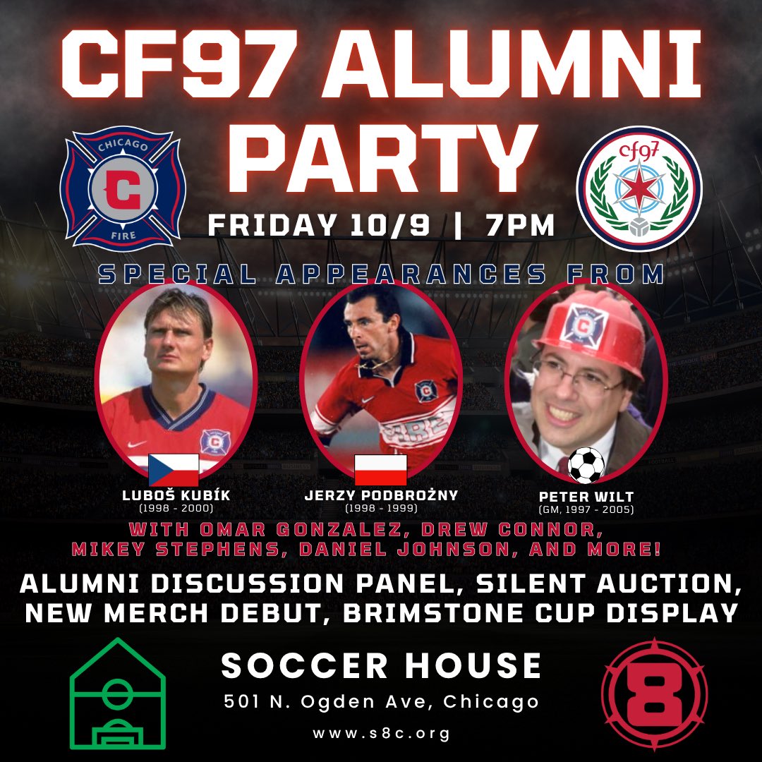 Section8Chicago's tweet photo. 🚨NEW LOWER PRICES!

❤️‍🔥 So many fun plans for the #cf97 anniversary party on Friday 10/9!
An exciting discussion panel with @chicagofire legends, silent auction, new #s8c merch, and the unveiling of the new Brimstone Cup display at @SoccerHouseHQ 🔥

🔗 https://t.co/dRbaArjTbz https://t.co/zHzVUzF40y