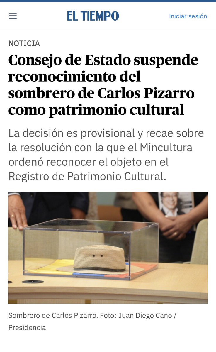 MariaFdaCabal's tweet photo. Al fin se impone el sentido común! El Consejo de Estado suspendió provisionalmente la resolución con la que el Ministerio de las Culturas reconoció el sombrero de Carlos Pizarro como patrimonio cultural.

Lo dije y lo sostengo: ningún símbolo de terroristas puede convertirse en patrimonio de los colombianos. Por eso radiqué un proyecto contra la apología al terrorismo y seguiré defendiendo esta posición con la Constitución y la ley.

 Colombia no tiene por qué rendirle culto a la guerrilla de Petro. ¡Respeto por las víctimas!