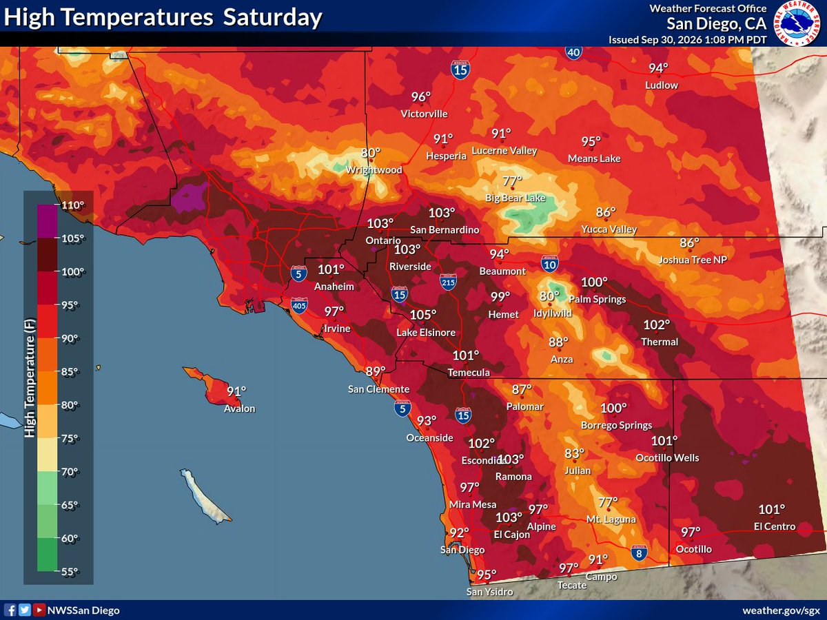 NWSSanDiego's tweet photo. Listen, we don't want it either, but contrary to popular belief we don't control the weather (unless it's nice, then it's 100% on us).

Hot weather is coming and an Extreme Heat Watch is in effect Fri-Wed for the coasts, valleys, and Santa Ana Mountains: https://t.co/MXhJ1b0e0u https://t.co/ov8jgZRkFX