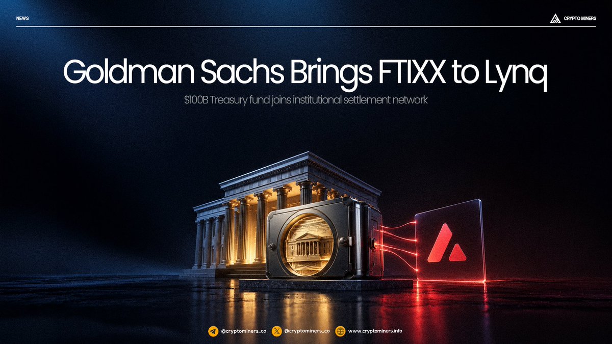 CryptoMiners_Co's tweet photo. Goldman Sachs Brings $100B Treasury Fund to Lynq

Goldman Sachs is making its roughly $100 billion FTIXX Treasury money market fund available on Lynq, a permissioned Avalanche network for institutional digital asset firms.

FTIXX remains a traditional money market fund and is not being tokenized. The fund will be distributed through tZERO Securities to eligible U.S. clients, giving institutions a way to hold cash, earn yield and redeem funds through Lynq.

FTIXX becomes the first external fund available on the network.