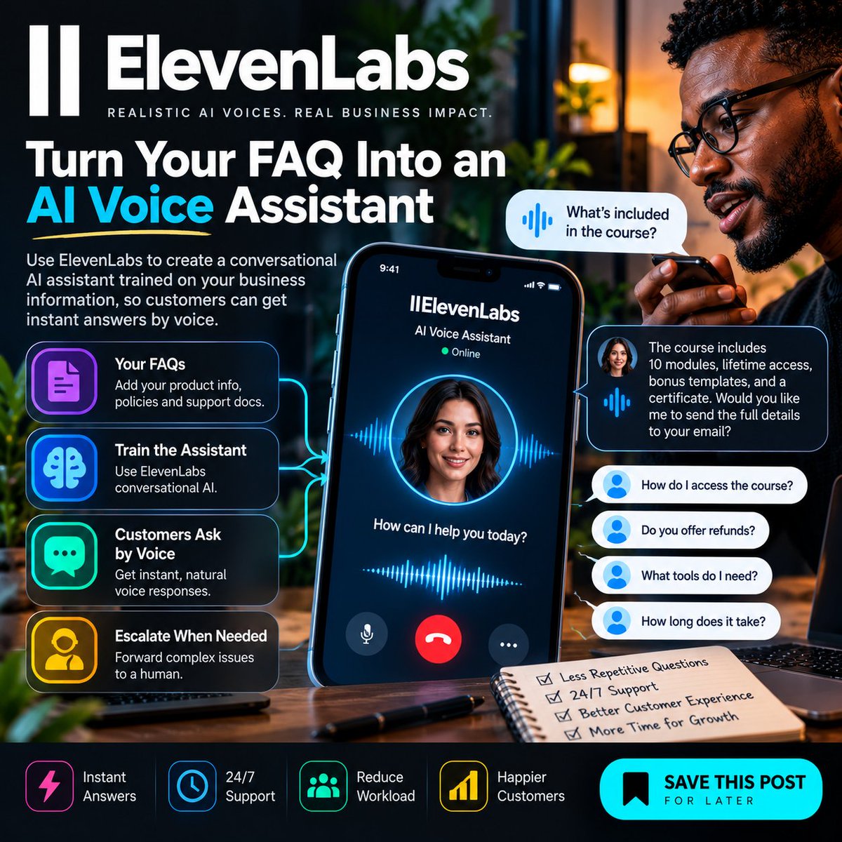 CuriousCreatorX's tweet photo. TURN YOUR FAQ INTO AN AI VOICE ASSISTANT WITH ELEVENLABS

What if customers could ask your business questions by voice and get answers without waiting for you?

Most people use ElevenLabs to create AI voices.

A more useful business application is:

Turn your existing FAQ and business information into an AI voice assistant.

Real-life example

Imagine you sell an online course.

Customers constantly ask:

• What is included?

• How do I access the course?

• What tools do I need?

• How long does the course take?

• Do you offer refunds?

Instead of answering the same questions repeatedly, create an AI voice assistant trained on your approved information.

Here's how

1. Collect your FAQs, product information, and support documentation.

2. Organize the information into a clear knowledge base.

3. Create an ElevenLabs conversational AI agent.

4. Add your approved information as its knowledge source.

5. Define what the agent can and cannot answer.

6. Test it with real customer questions.

7. Put the assistant on your website or another supported customer channel.

Use this instruction

“Answer customer questions using only the approved business information provided to you.

Keep responses concise and conversational.

Never invent prices, policies, features, or promises.

If the answer is unavailable or requires human judgment, clearly tell the customer that a human representative needs to assist them.

For payment, refund, account, or sensitive issues, escalate to a human.”

The automation workflow

Customer asks a question

↓

AI voice assistant receives it

↓

AI identifies the question

↓

AI checks the approved knowledge

↓

Answer available

↓

AI responds

↓

Answer unavailable

↓

Customer is directed to human support

The real advantage

You're not just generating an AI voice.

You're turning your existing business knowledge into an interactive customer-support channel.

That means your customers can get answers without you personally responding to every repetitive question.

💾 SAVE this post if you run a business, sell a course, or provide a service.

📤 SHARE it with someone who spends too much time answering the same customer questions.

Follow for more practical AI workflows you can actually implement.