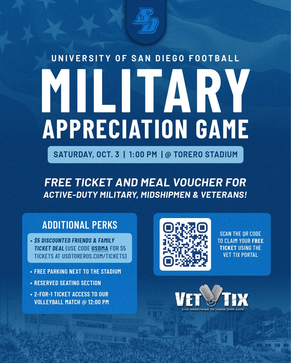USDFootball's tweet photo. Back at Torero Stadium this weekend 📍

Join us on Saturday as we honor the military community with our annual Military Appreciation Game, click below to buy tickets:
🎟️ https://t.co/GhDS9CIFHR

#GoToreros https://t.co/VwhI70uMhL