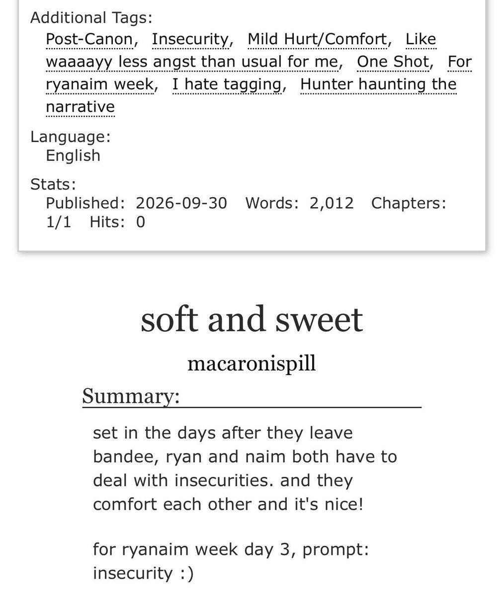 macaronispill's tweet photo. I just accidentally deleted my twt about this fic cuz im an idiot so rip to those who had it bookmarked 😭 anyway here it is again, my first work for #ryanaimweek2026 lol I’m soooo dumb 

https://t.co/nyycyriaqI https://t.co/avfpKJAZBd