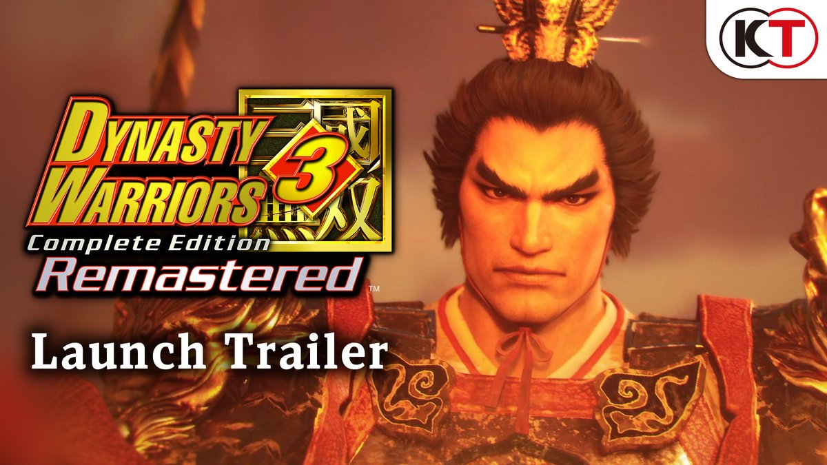 A promotional thumbnail for the "Dynasty Warriors 3 Complete Edition Remastered Launch Trailer," featuring a stern warrior character in ornate red and gold armor with a decorative headpiece, accompanied by the "KT" logo in the top right corner. The image promotes the 25th-anniversary remaster release of the classic hack-and-slash game across modern platforms.