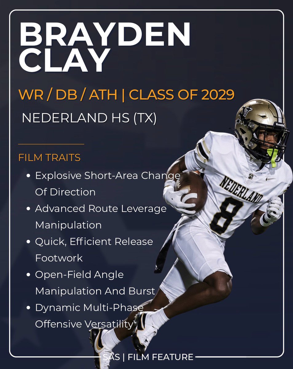 SchwartzAthSpot's tweet photo. 📷NO HUDDLE FEATURE📷
Brayden Clay
@IamBraydenClay
Nederland High School
@Nederland_FB
WR/DB/ATH
5'6 150 Lbs.
C/O 2029
There is a lot to like about the way he impacts the game because his value is not tied to one specific role. He is not just a route runner, not just a vertical-speed threat and not just a gadget player. He has the ability to create separation, manufacture touches and impact the game in multiple phases. His quickness off the line, short-area twitch and ability to change direction give him the tools to win routes, while his speed allows him to threaten defenses vertically. What stands out most is how naturally those traits work together. He can be aligned traditionally, moved into motion, involved in the run game or given opportunities in space because he has the vision and explosiveness to create once the ball is in his hands.
The Crawford tape provides a strong look at how the offense utilizes his versatility. At :30, he comes in motion on a designed WR pass, showing how comfortably he can be used on movement concepts that force defenses to account for him before the snap. His ability to be involved in different ways creates another layer for the offense because he is not limited to a traditional receiving role. He is also consistently involved in jet sweep and run-game concepts, where his lateral quickness and acceleration allow him to attack the edge and get vertical quickly. At :42 on the jet sweep, he reaches the edge with speed, erases pursuit angles and hits another gear once he clears the initial traffic. The rep shows more than straight-line speed. His acceleration and decisiveness allow him to turn a manufactured touch into a legitimate open-field opportunity, while his willingness to take on contact adds another physical element to his game.
The Silsbee tape gives a cleaner look at the technical side of his receiving ability. Right off the top, he shows good slant detail from the slot, using quick feet off the release and covering ground with four fast strides before planting off his outside foot and working inside. He stays square through the stem, gets across the defender’s face without drifting and accelerates into the throwing window. The footwork is compact and efficient, allowing him to create separation without wasted movement. At :20, he shows another layer of his ability after the catch on the WR screen. He does not rush the rep, allowing the block to develop before immediately jump cutting inside once the lane opens. That patience combined with sudden acceleration turns a simple completion into a 28-yard touchdown. At :40, he contributes without the football by sealing the boundary and sustaining the block without overextending. He stays connected through contact and gives the TE/RB a clean lane outside. At 1:01, the route detail continues to show up on the whip/pivot route. He sells the inside break with his body and footwork, gets the defender to commit and redirects cleanly back outside with separation. That ability to manipulate leverage adds another layer to his route profile.
The West Brook tape adds another layer by showing how he creates separation vertically while maintaining control along the boundary. On the opening go route, he uses a hesitation release to disrupt the defender’s timing before accelerating downfield. Instead of relying only on straight-line speed, he creates his own window through pacing and timing. He also shows good boundary awareness, understanding how to work the sideline without allowing the space to shrink the route. His consistent hands allow him to finish those opportunities when they develop and complete the rep through the catch point. The return reps add another example of his vision and decision-making. He understands when to hit the designed lane with conviction, when to bend behind leverage and when to adjust once the coverage picture changes. He runs with purpose once he sees grass and continues competing through contact.
FINAL THOUGHTS
His biggest value comes from the number of ways he can influence a game. The same quickness that helps him create separation shows up when he is asked to attack space after the catch. The same vision that makes him dangerous on returns translates to his ability to find opportunities when plays break from their original design. The same competitiveness that shows up finishing through contact also appears when he contributes as a blocker. He can threaten defenses vertically, create separation underneath, be used in manufactured touches and provide value away from the football. The film shows a receiver who can be moved around the formation and used in different ways without losing the traits that make him effective. His athleticism gives him the initial tools, but the route detail, vision, spatial awareness and willingness to contribute in multiple phases are what make the overall profile much more complete.
ATHLETE DNA:
• Explosive Short-Area Change Of Direction
• Advanced Route Leverage Manipulation
• Quick, Efficient Release Footwork
• Open-Field Angle Manipulation And Burst
• Dynamic Multi-Phase Offensive Versatility
Film Links:
Crawford: https://t.co/FFdn4ape2Y
Silsbee: https://t.co/xEUOtJV7hK
West orange: https://t.co/oq3946gN4A
⭐️Member of National Society of High School Scholars
Offical SAS Evaluation | Schwartz Athlete Spotlight
#SASpotlight