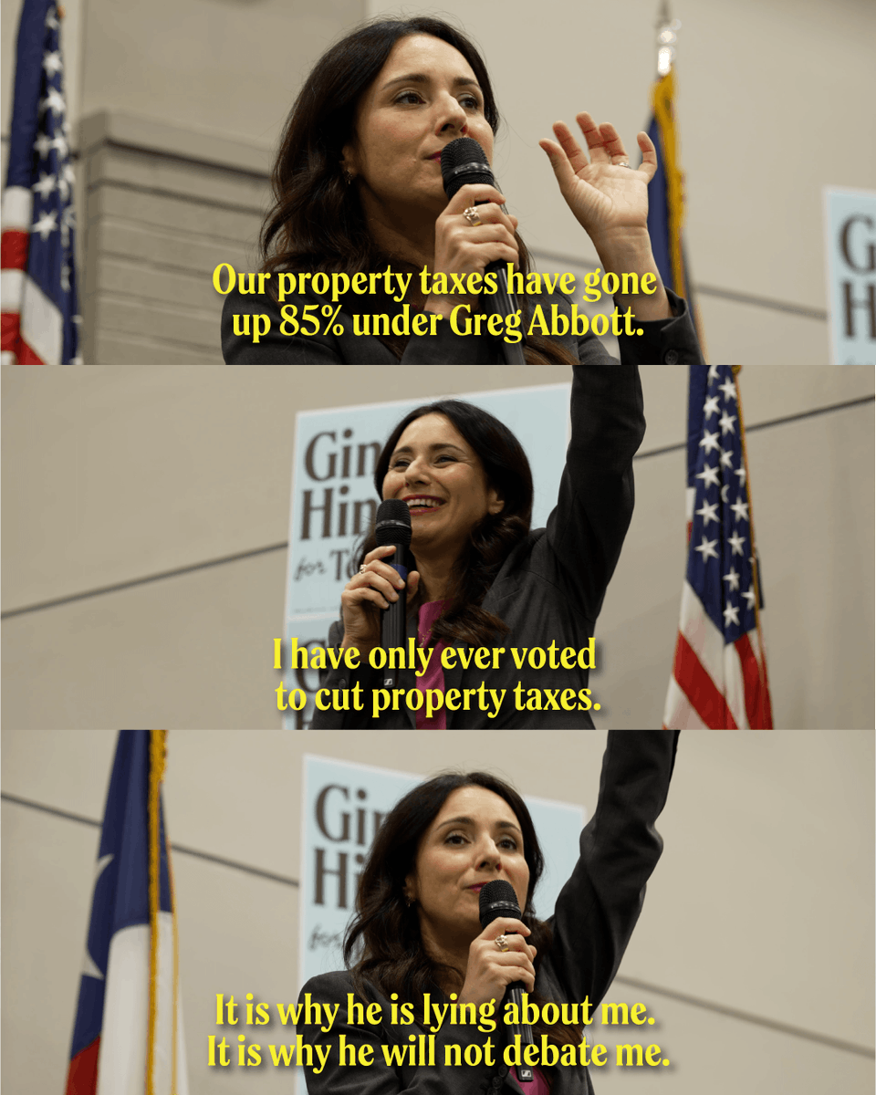 GinaHinojosaTX's tweet photo. Property taxes have gone up 85% under Greg Abbott. I have never, not once, voted to raise Texans’ property taxes. https://t.co/OankfSplIR