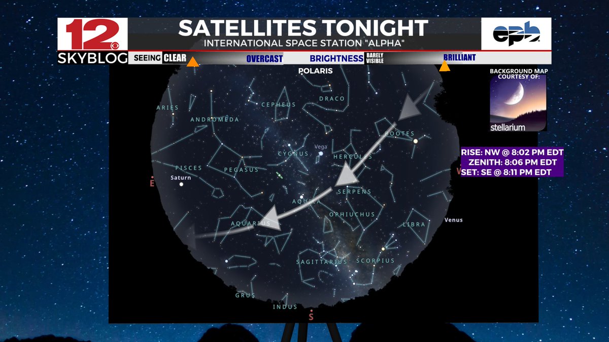 wdefnews12's tweet photo. #WDEFWeather #News12Weather #SkyBlog12 #BackyardAstronomy - The International Space Station will make a SUPER bright pass over the WDEF News 12 viewing area tonight, rising in the NW just after 8:00 PM EDT, setting in the southeast around 8:11 PM. #KeepLookingUp https://t.co/pS7blDpmI1