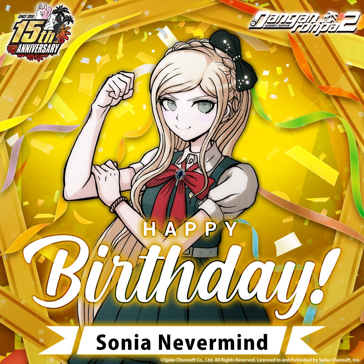 SpikeChunsoft_e's tweet photo. Join us in wishing a very happy birthday to Sonia Nevermind, the Ultimate Princess! 👸
(VA: @nataliehoovervo )

Pre-order #Danganronpa2x2
https://t.co/k7MdMdNAqu https://t.co/4ebFUPtdem
