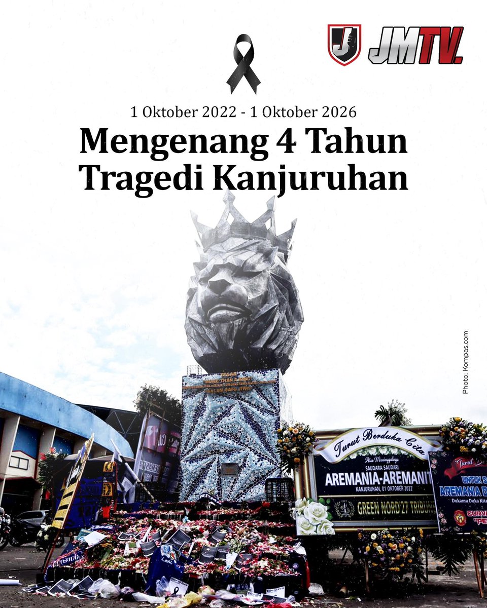 jmtv_id's tweet photo. 4 tahun berlalu, namun luka itu masih menganga.

135 jiwa di Kanjuruhan akan selalu menjadi pengingat bahwa tidak ada satu pun pertandingan sepak bola yang seharga dengan nyawa manusia.

Menolak lupa, merawat ingatan, dan terus menuntut pembenahan nyata bagi sepak bola Indonesia. 🕊️💔
