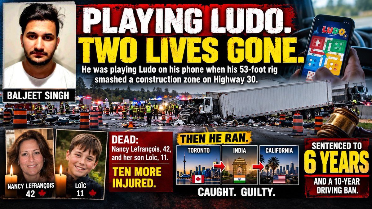 Watchdog_MP's tweet photo. 🚛 His name is Baljeet Singh. 

He was playing Ludo on his phone when his 53-foot rig smashed a construction zone on Highway 30.

Dead: Nancy Lefrançois, 42, and her son Loïc, 11.

Ten more injured.

Then Singh ran. Toronto. India. California.

Caught. Guilty. Six years, out in four.

A mother and child are gone. He gets a cell and a 10-year driving ban.

Name them. Always. 🇨🇦 
#cdnpoli