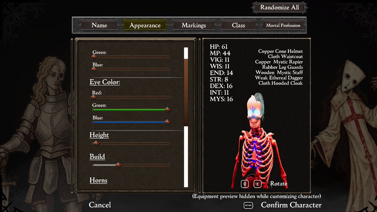 recodegames's tweet photo. Working on the character customization screen for my lovecraftian roguelike, where you wake up as a memory wiped skeleton in a dimension where everyone wants to kill you. #wishlistwednesday #gamedev #indiegame #indiegamedev #soulslike https://t.co/J76i5cl58h