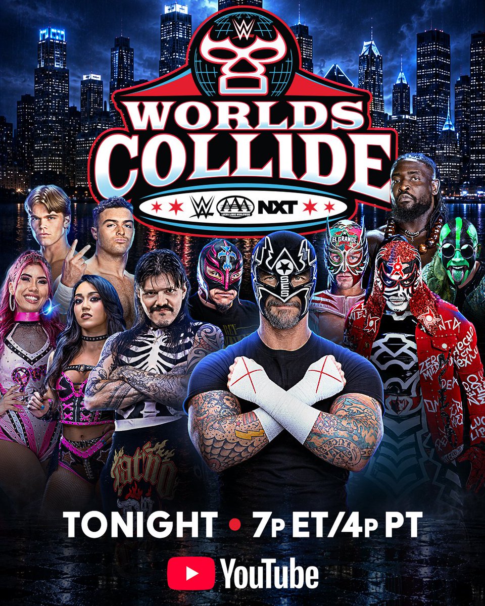 WWE's tweet photo. WWE 🤝 AAA
WORLDS ARE ABOUT TO COLLIDE. 

▶️ WATCH WWE #WorldsCollide RIGHT NOW on YouTube: https://t.co/8mvetuSxoG https://t.co/mL462FtoTn