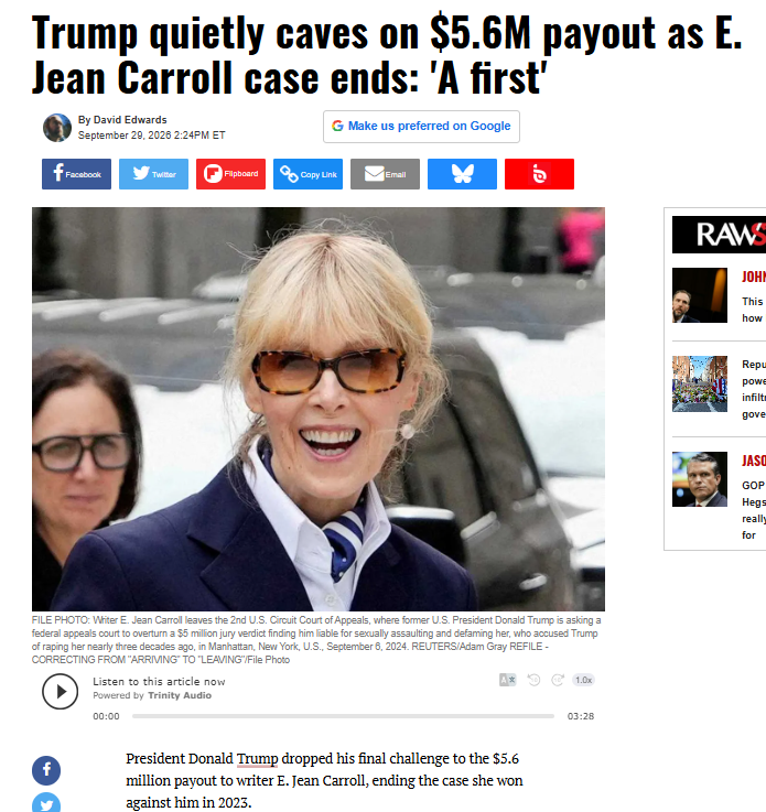 Fly_Sistah's tweet photo. The rapist finally gave up. Trump dropped his final challenge to the $5.6 million payout to writer E. Jean Carroll, ending the case she won against him in 2023 &amp; dismissed his appeal "with prejudice," meaning he can never bring it again. https://t.co/r4MLOQbIj0
