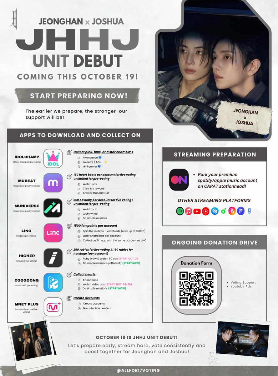 allfor17voting's tweet photo. [𝗝𝗘𝗢𝗡𝗚𝗛𝗔𝗡 𝘅 𝗝𝗢𝗦𝗛𝗨𝗔 𝗗𝗘𝗕𝗨𝗧 𝗥𝗘𝗠𝗜𝗡𝗗𝗘𝗥 D-12]

CARATS, JJONGJJONGIES, JOSHUSHUSHUS! 📣

☑️ Idolchamp: collect 🩷🩵🌟 chamsims
☑️ Mubeat: collect heart beats
☑️ Muniverse: collect ad lumys
☑️ Higher: collect rubies
☑️ LiNC: collect fan points
☑️ Coogoong: collect hearts 
☑️ Mnet+: create an account

Music Show guide: https://t.co/0Y09SISzKN 

Donation Drive for Voting & Youtube Ads 
https://t.co/c8bWoZh2zf

Stream and park your premium accounts on Stationhead.

Follow @allfor17voting for daily reminders, guides, and updates! 🔔

#JOSHUA #조슈아 #JEONGHAN #정한 #SEVENTEEN #세븐틴 @pledis_17