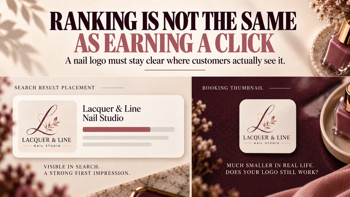 PixelsMark's tweet photo. Appearing in search results and earning a click are two different things. A nail logo also has to stay recognizable in a booking thumbnail, a profile circle and a printed card.

The 4-place test: https://t.co/h3ZyvPIiQH

#NailSalon #LogoDesign https://t.co/uU7sJS6XtD