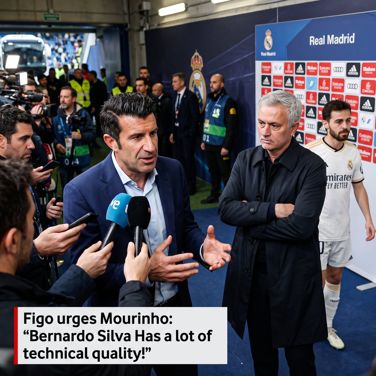 Post___lt's tweet photo. 🚨 FIGO WANTS MORE BERNARDO SILVA AT REAL MADRID!

⚪ FIGO’S MESSAGE: Luis Figo believes Bernardo Silva’s technical quality could improve Madrid’s midfield, especially during build up. He wants Mourinho to give the Portuguese more minutes.

🧠 DIFFERENT PROFILE: Bernardo offers control and creativity that differ from the physical qualities of Tchouameni, Valverde and Camavinga. His introduction against Atletico helped Madrid enjoy their best spell despite playing with 10 men.

🔥 BIG OPPORTUNITY: With Valverde injured, Bernardo could receive more responsibility after the international break.

🎯 MOURINHO’S DECISION: The next few weeks could determine whether Silva becomes a bigger part of Madrid’s midfield plans ahead.