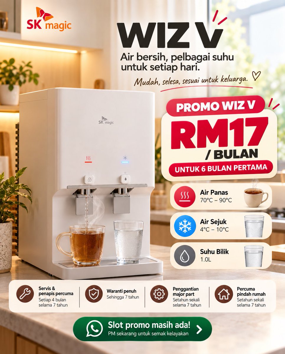 fzra__'s tweet photo. Rutin pagi lebih mudah bila air panas &amp; sejuk sentiasa tersedia.

🔥 70–90°C
❄️ 4–10°C
💧 Suhu bilik

WIZ V RM17/bulan untuk 6 bulan pertama.

PM untuk semak kelayakan. https://t.co/nRzvHRgS71