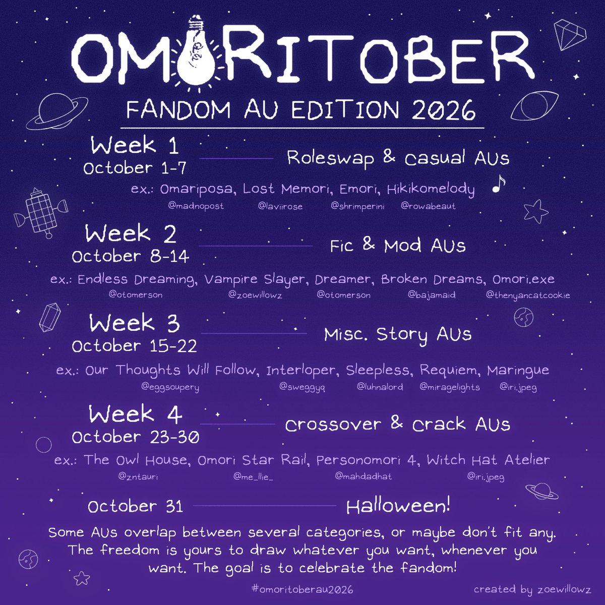 zoewillowz's tweet photo. OMORITOBER - AU EDITION 2026
#omoritoberau2026 #omori #omoriau
This year's Omoritober is a bit different from before. I hope this system will limit stress and offer participants the freedom to make the event their own! https://t.co/iO1cBZh5dZ