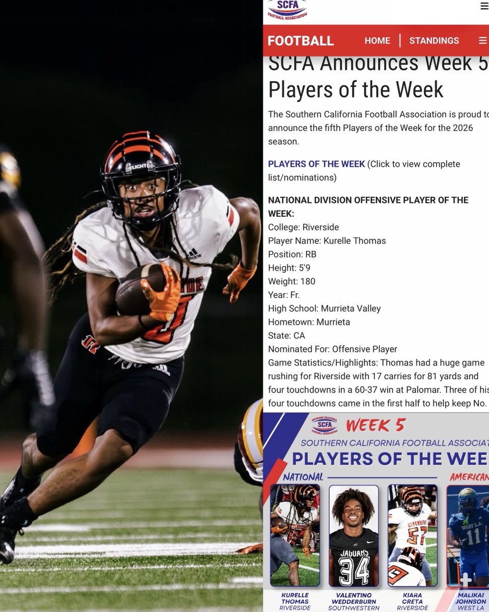 KurelleT's tweet photo. Thank you @scfafootball I’m honored to have been selected as the California Offensive Player of the Week. #ThisIsRcity @RCCTigerFB #1 team in Cali &amp; #2 in the country. https://t.co/9Faj9gnEzn