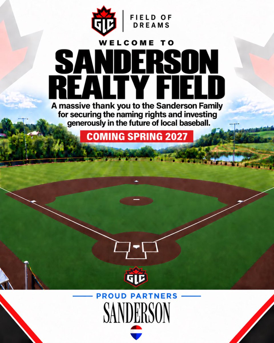 GLCanadians's tweet photo. Keeping it in the family 🍁, 
The Field of Dreams, becomes …

Sanderson Realty Field.

Opening Spring 2027 with a new turf infield. Cam &amp; Carter are original members of the GLC program and Cam now coaches with us. Thank you to Rob, Lisa and the family for the support! https://t.co/OKI8v4nyt6