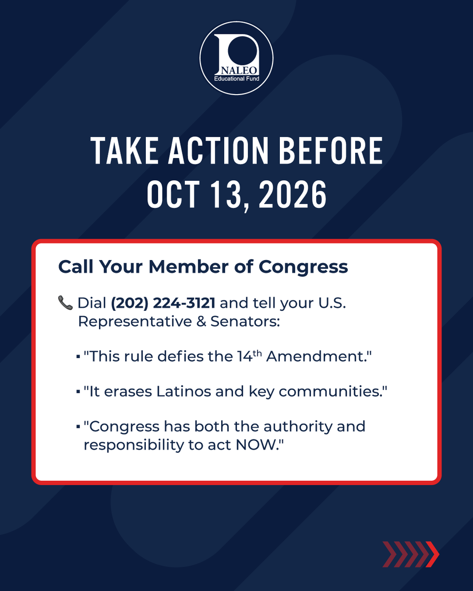 NALEO's tweet photo. Take action by October 13, 2026:

1️⃣ Submit a public comment on https://t.co/NyCwkMA9gO: https://t.co/JEXn6DTnh0 
2️⃣ Call Congress at (202) 224-3121 &amp; demand they act.
3️⃣ Repost to mobilize your network! https://t.co/FnmFU3Nnyr