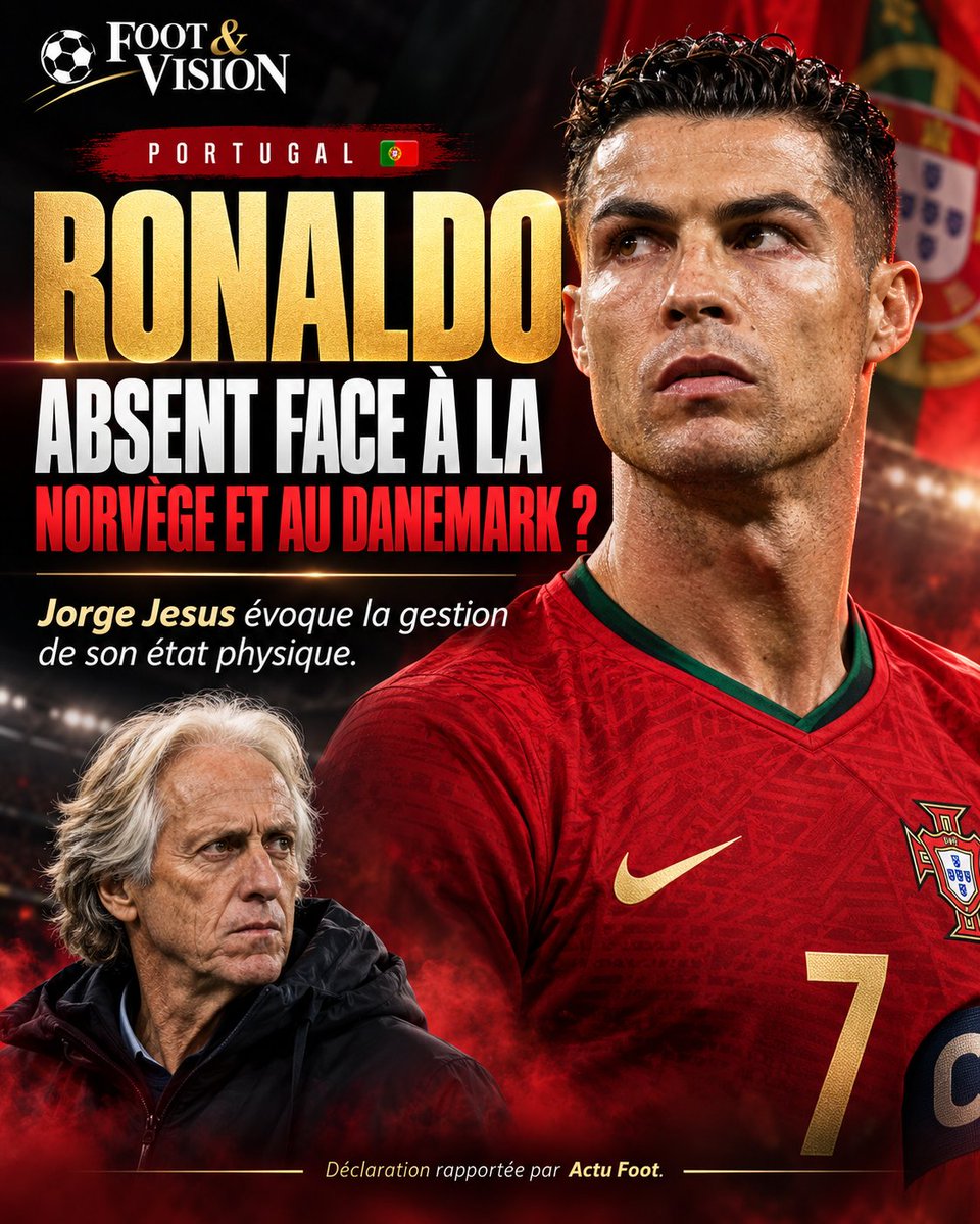 Nail1253114188's tweet photo. 🚨🇵🇹 𝗥𝗢𝗡𝗔𝗟𝗗𝗢 : 𝗝𝗢𝗥𝗚𝗘 𝗝𝗘𝗦𝗨𝗦 𝗘́𝗩𝗢𝗤𝗨𝗘 𝗨𝗡𝗘 𝗔𝗕𝗦𝗘𝗡𝗖𝗘 𝗙𝗔𝗖𝗘 𝗔̀ 𝗟𝗔 𝗡𝗢𝗥𝗩𝗘̀𝗚𝗘 𝗘𝗧 𝗔𝗨 𝗗𝗔𝗡𝗘𝗠𝗔𝗥𝗞 !
Selon les propos rapportés par Actu Foot, Jorge Jesus affirme avoir indiqué à Cristiano Ronaldo qu’il ne jouerait ni contre la Norvège 🇳🇴 ni contre le Danemark 🇩🇰, en évoquant la gestion de son état physique et de sa récupération.
🎙️ Le technicien explique que l’enchaînement des rencontres tous les trois jours nécessite une attention particulière pour Cristiano. Il souligne également l’importance du repos après les matchs.
⚽ Pour un joueur aussi compétitif que Ronaldo, chaque rencontre compte. Mais préserver sa capacité à faire la différence passe aussi par la récupération. L’enjeu serait donc de gérer ses efforts pour lui permettre de répondre présent dans les moments décisifs. 🔥
📌 Ces déclarations sont rapportées dans la publication partagée ; elles ne constituent pas, à elles seules, une confirmation officielle de son absence par la sélection portugaise.
💬 Vous privilégieriez le repos de CR7 ou sa présence sur le terrain pour ces deux affiches ?
#CristianoRonaldo #Ronaldo #CR7 #Portugal #Selecao #JorgeJesus #Norvege #Danemark #PortugalFootball #Futebol #Football #Foot #FootballNews #ActualiteFoot #FootEtVision