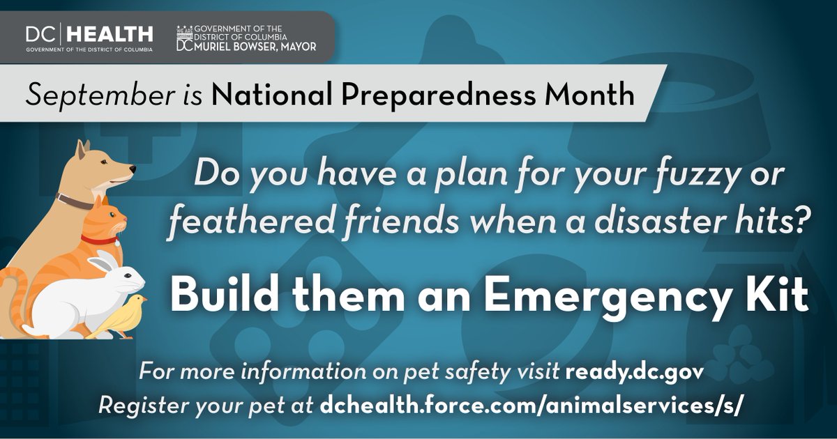 _DCHealth's tweet photo. September is National Preparedness Month and #PreparednessStartsAtHome.    

Build an emergency kit, make a plan, and sign up for https://t.co/hnNrSUhnWc. Remember to include your pets!  

Being prepared makes all the difference in an emergency.  Visit: https://t.co/LEUpw8foPP. https://t.co/mWRt8qUsmn