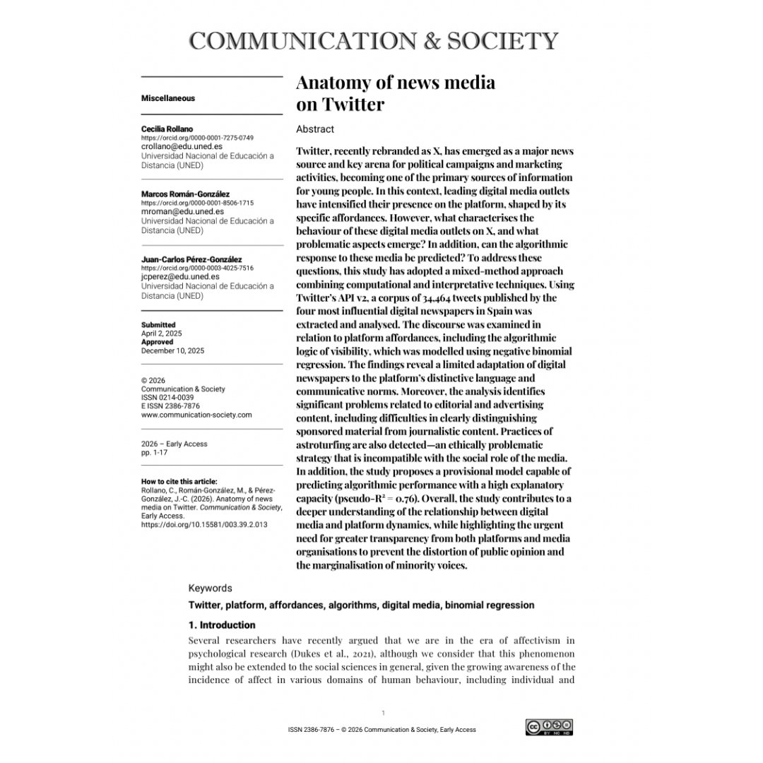 JournalCommSoc's tweet photo. 📄”Anatomy of news media on Twitter” by Cecilia Rollano, Marcos Román-González and Juan-Carlos Pérez-González

🔍https://t.co/L95YDB5I1c

#OpenAccess #Communication #Academic #SocialMedia #Algorithms  #Journalism #X https://t.co/CiAddvy4vA