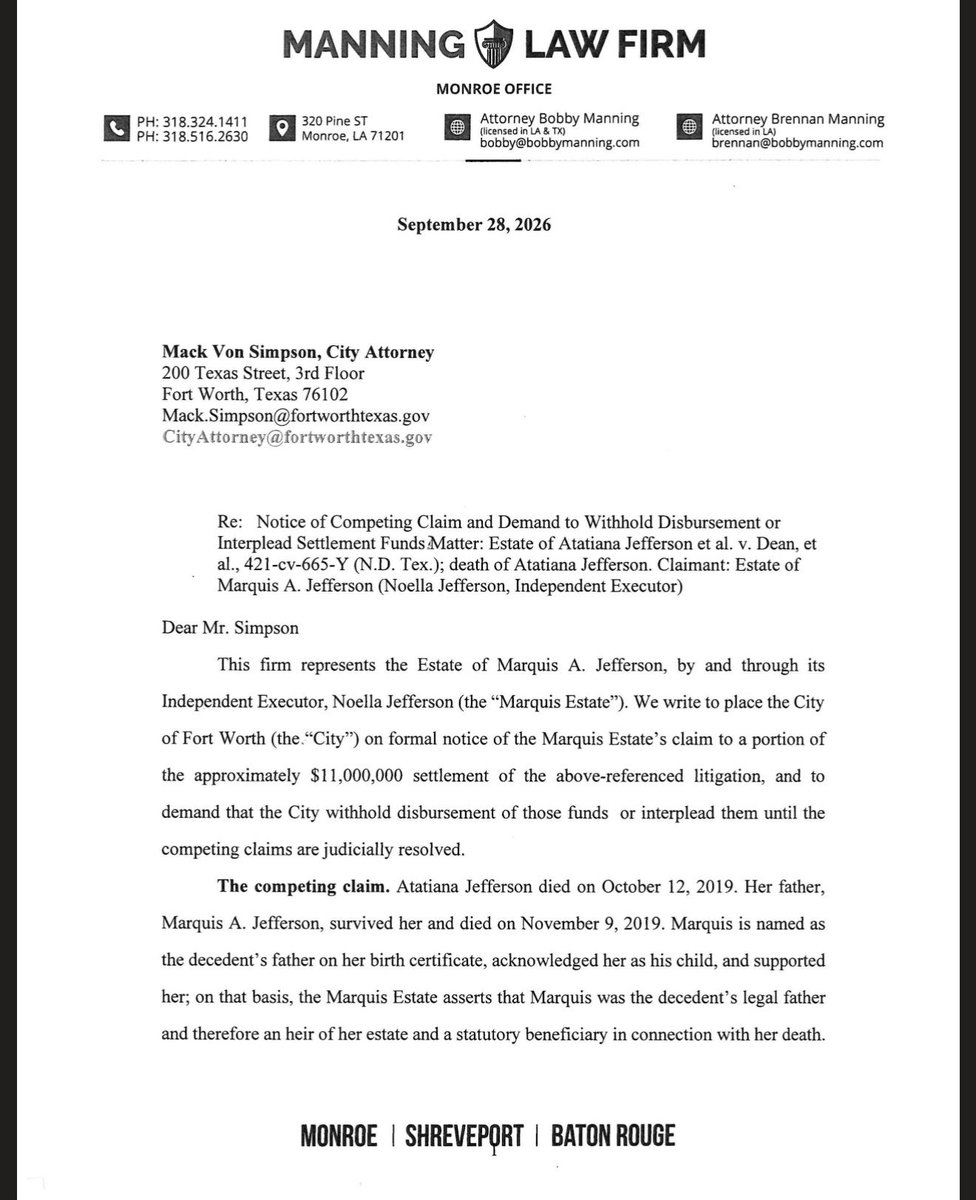 SarahisCensored's tweet photo. The estate is therefore asking Fort Worth to either preserve the money or place the disputed funds into the control of a court through something called an interpleader.

And Carter has a history with this case that goes back long before there was an $11.25 million settlement.

According to Carter, after Atatiana was killed he personally invited then-Mayor Betsy Price, then-Police Chief Ed Kraus and members of the Fort Worth Police Department to her funeral. He also organized a community forum and later met with city leadership alongside members of the Jefferson family.

His position now is that he is returning to the City for the same reason: to demand accountability and make sure the process is handled correctly.

The man Atatiana knew as her father raised her, supported her and died only 28 days after she did.

Meanwhile, Atatiana’s biological father resides in Nigeria and always has, according to Marquis Jefferson’s family, and was not involved in her life while she was alive.

The $11.25 million exists because Atatiana Jefferson lost her life.

Now, nearly seven years later, the battle is over who has the legal right to benefit financially from that loss. Personally, I don’t think it’s the money grabbing man who magically appeared from Nigeria.