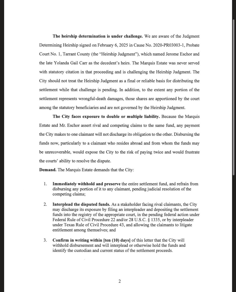 SarahisCensored's tweet photo. The estate is therefore asking Fort Worth to either preserve the money or place the disputed funds into the control of a court through something called an interpleader.

And Carter has a history with this case that goes back long before there was an $11.25 million settlement.

According to Carter, after Atatiana was killed he personally invited then-Mayor Betsy Price, then-Police Chief Ed Kraus and members of the Fort Worth Police Department to her funeral. He also organized a community forum and later met with city leadership alongside members of the Jefferson family.

His position now is that he is returning to the City for the same reason: to demand accountability and make sure the process is handled correctly.

The man Atatiana knew as her father raised her, supported her and died only 28 days after she did.

Meanwhile, Atatiana’s biological father resides in Nigeria and always has, according to Marquis Jefferson’s family, and was not involved in her life while she was alive.

The $11.25 million exists because Atatiana Jefferson lost her life.

Now, nearly seven years later, the battle is over who has the legal right to benefit financially from that loss. Personally, I don’t think it’s the money grabbing man who magically appeared from Nigeria.
