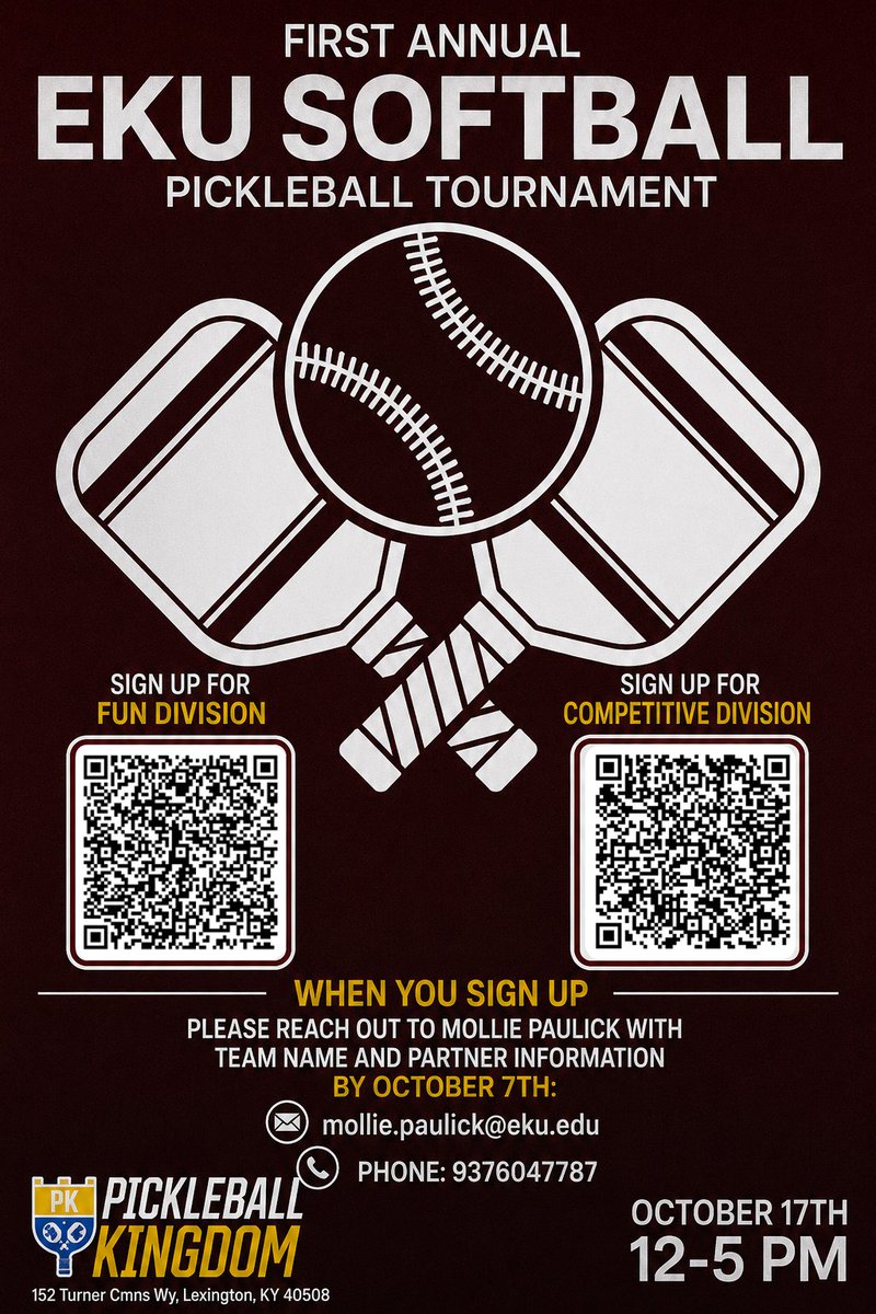 EKU_Softball's tweet photo. Almost time to serve it up with the Colonels!

Scan the QR code to register for the fun or competitive division!

For more info: https://t.co/q2PjnyPckS

#GoBigE https://t.co/94GBah2T6X