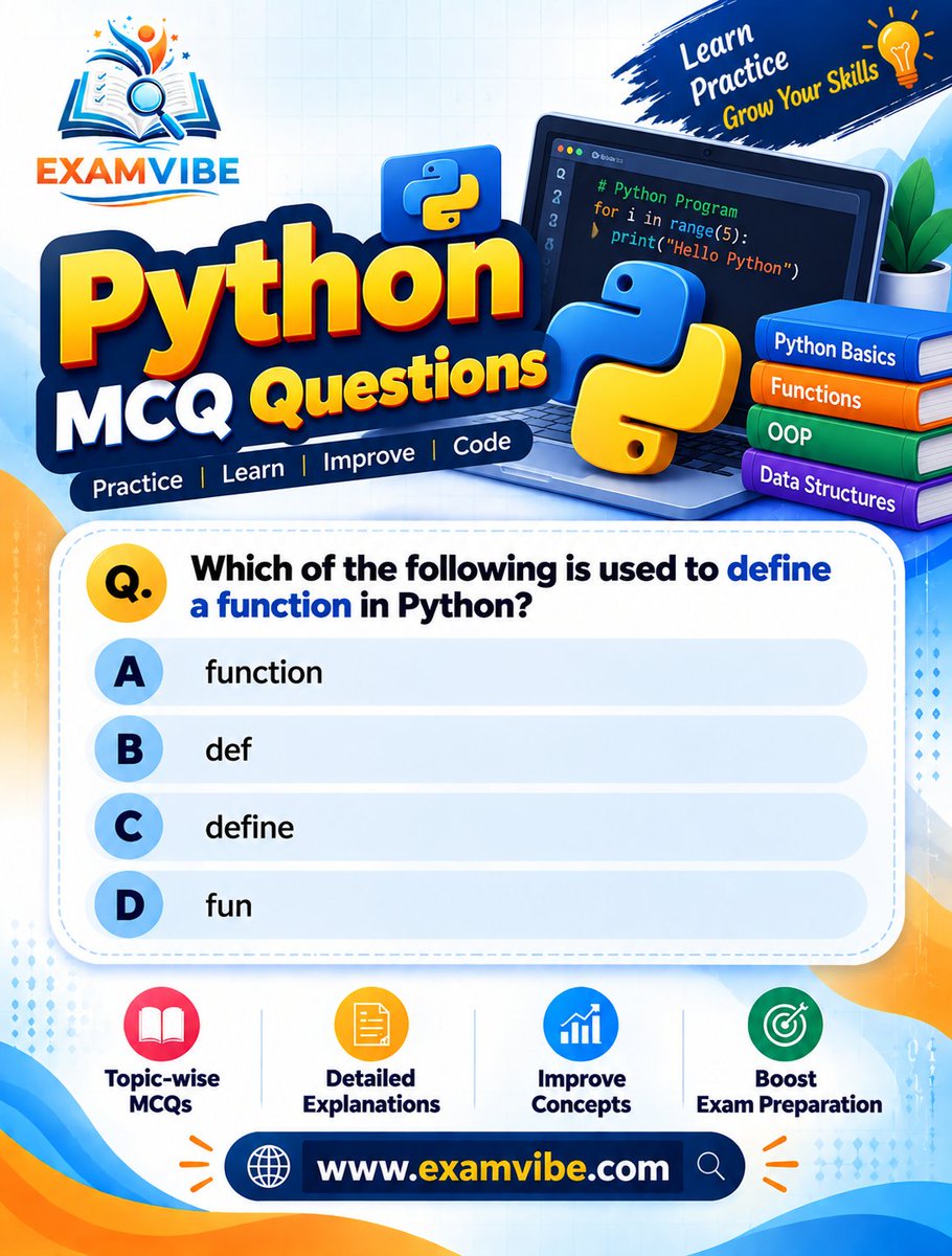 examvibee's tweet photo. 🐍Python MCQ Questions
👉 Practice Python https://t.co/V33B6qARC5
#PythonMCQ #PythonQuestions #Python #PythonProgramming #Coding #ProgrammingMCQ #ComputerScience #MCQQuestions #CodingInterview #PythonPractice #ProgrammingStudents #ExamPreparation #CompetitiveExams #ExamVibe https://t.co/t8x6iXvt5w