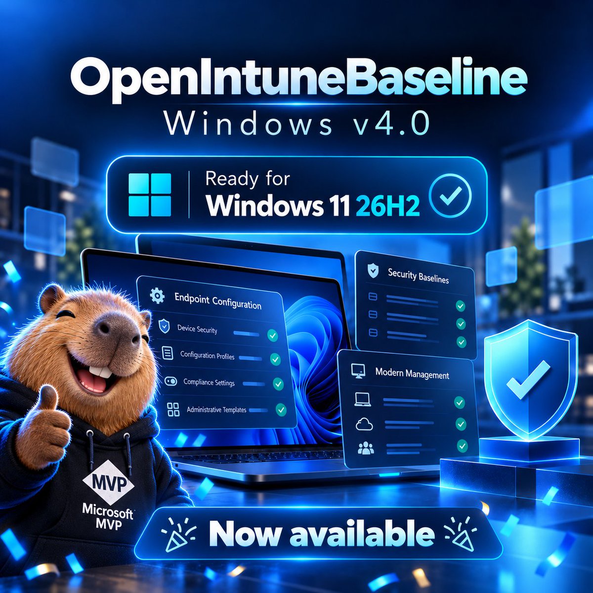 SkipToEndpoint's tweet photo. #OpenIntuneBaseline Windows v4.0 is here! 🎉
Highlights include:

* Continuing to be the most agile and cutting-edge Intune baseline on the planet!
* A shake-up of Compliance policies, allowing true grace period granularity (and ditching the EAS Password policy because it's 🗑️)
* Edge settings for days! Simple support for the Edge Management Service and security hardening and user experience improvements.
* Updated M365 Apps Security baseline alignment.
* Fixed MS breaking the in-box app removal policy.
* Defender behaviour tweaks based on real customer feedback, not arbitrary check-boxes.
* Deprecated and obsolete settings sent to live on a farm.

As always:
✅ Take what you want
✅ Change what doesn't suit your environment
✅ Test it before yeeting to 40,000 endpoints on Friday afternoon
❌ Don't treat any security baseline as a magical compliance button

Check out the full release notes at: https://t.co/FS3CVjDVxz

Then, head on over to the OIB Deployer to deploy the new and updated policies, or check your current config vs 4.0 with the Settings Validator!
https://deploy[.]https://t.co/1quHU5axSU

And, uhh, keep an eye on Friday, too ;)

#OIB #Windows #EndpointSecurity #Community #Capybara