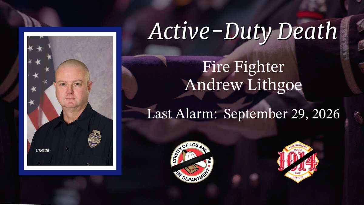 LACOFD's tweet photo. Active-Duty Death – Fire Fighter Andrew Lithgoe
It is with a heavy heart the #LACoFD shares the Active-Duty Death of Fire Fighter (FF) Andrew Lithgoe, who unexpectedly passed on Tuesday, September 29, 2026, while off-duty at home.
FF Lithgoe was last assigned to Fire Station 36 in the City of Carson. He faithfully served our Department, residents, and communities for 22 years.
We extend our prayers and condolences to the family, friends, and colleagues of FF Lithgoe.
To ensure the proper care and support of the Lithgoe family and our LACoFD personnel, Fire Chief Anthony C. Marrone has activated the Department’s chaplains, Peer Support Team, behavioral health clinicians, and Memorial Management Team.
Thank you for respecting the privacy of the Lithgoe family during this difficult time.
RIP FF Lithgoe 🙏🏼💔🕊