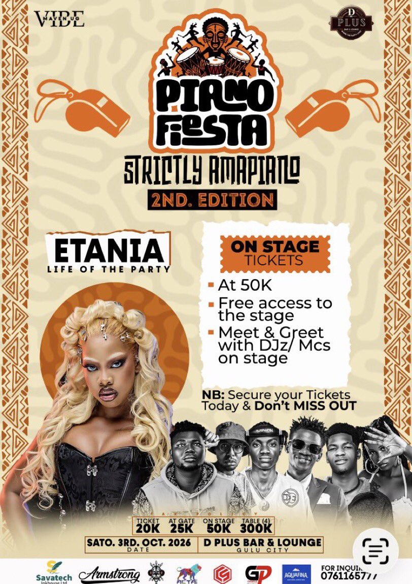 vanmarcus14's tweet photo. PIANO FIESTA 2ND EDITION is going down.
Etania — Life of the Party — live at D Plus Bar &amp; Lounge, Gulu City.
Saturday, 3rd October 2026
On-stage tickets: 50K
Gulu, lock this date.

Secure your ticket and don’t miss out.

https://t.co/bz2iyEs4HY

#PianoFesta2ndEdition https://t.co/YX4TO4VMZD