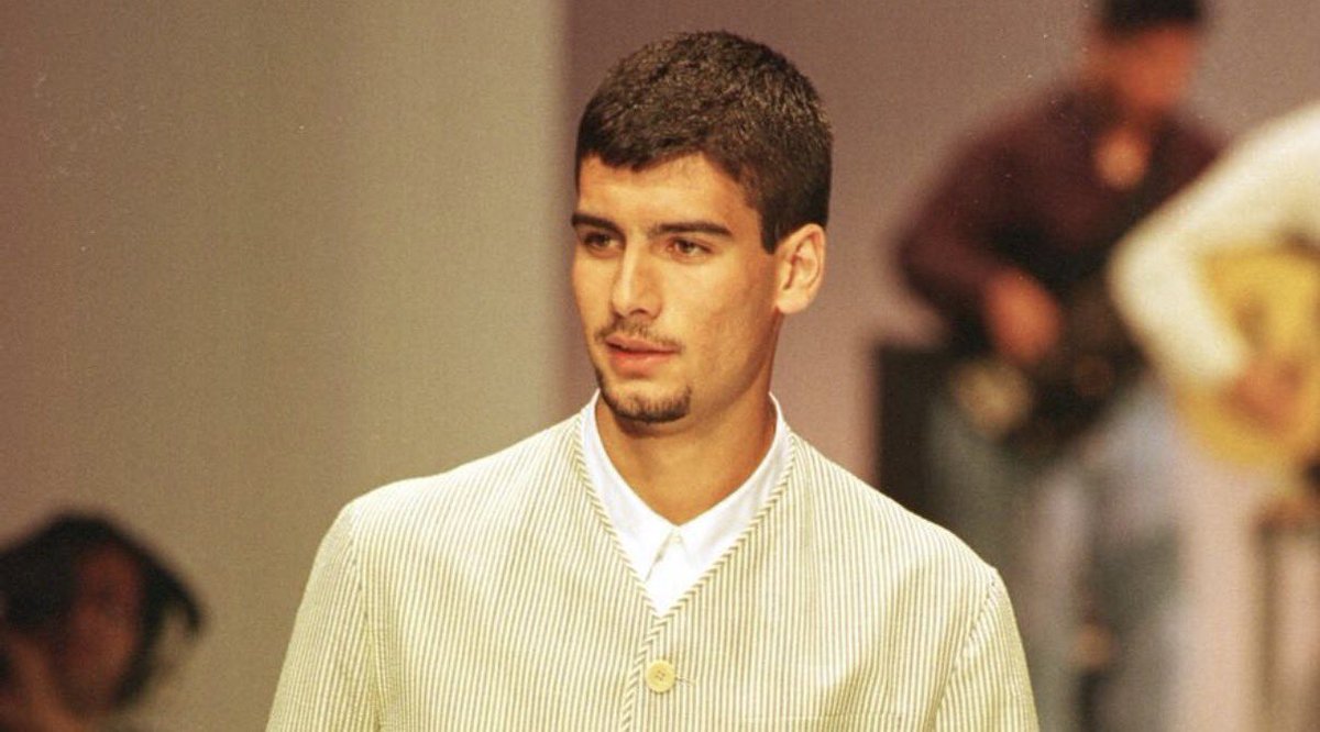 Barca_Archive's tweet photo. Pep Guardiola modelling for Antonio Miró, Barcelona, 1993. https://t.co/RinJlNkRIa