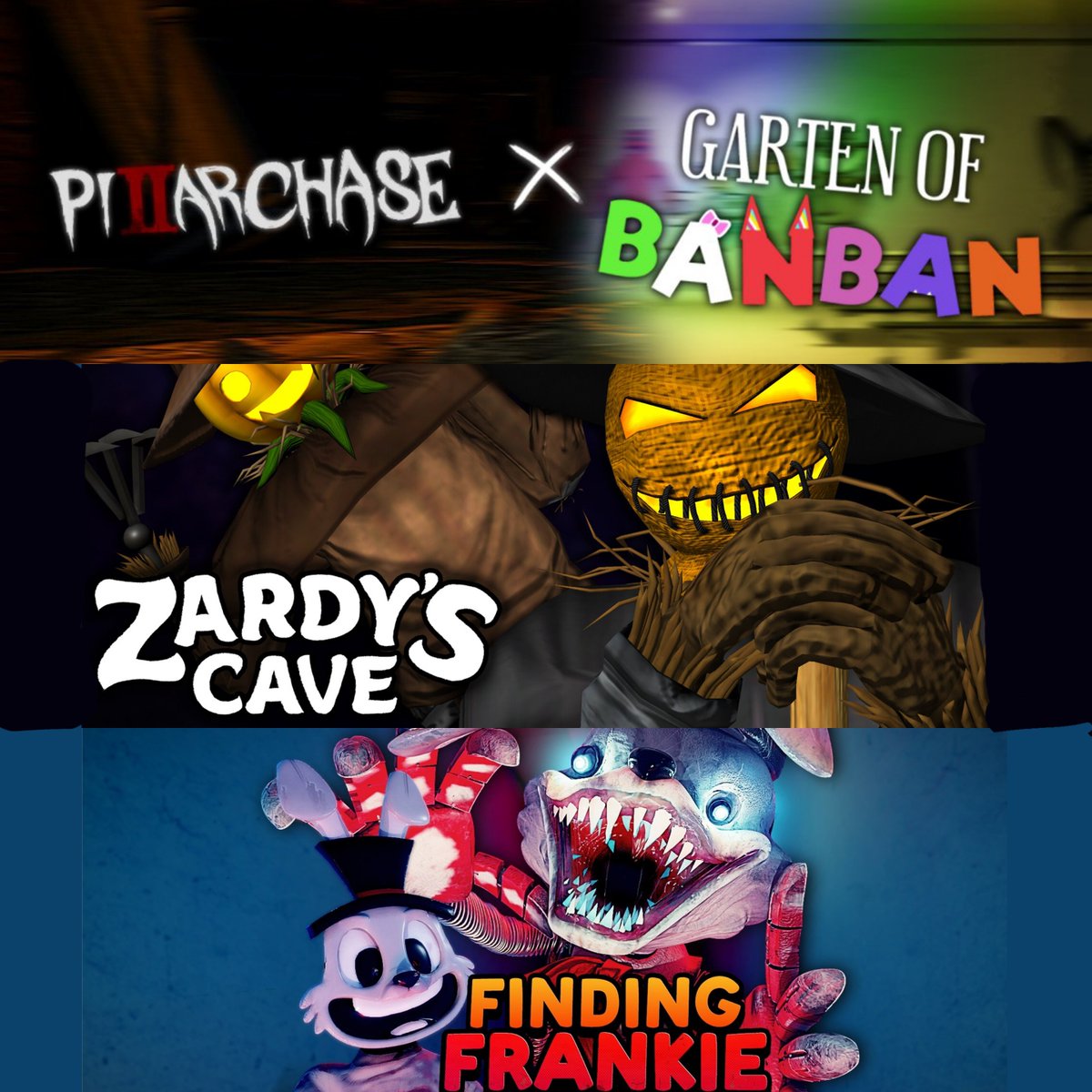mascotmassacre's tweet photo. ☠️ Pillar Chase 2 upcoming collaboration list is getting bigger with Banban confirmed and Zardy's teased.

The next one might be Finding Frankie as SuperLou Games are interested. https://t.co/mMGBR4gPkI