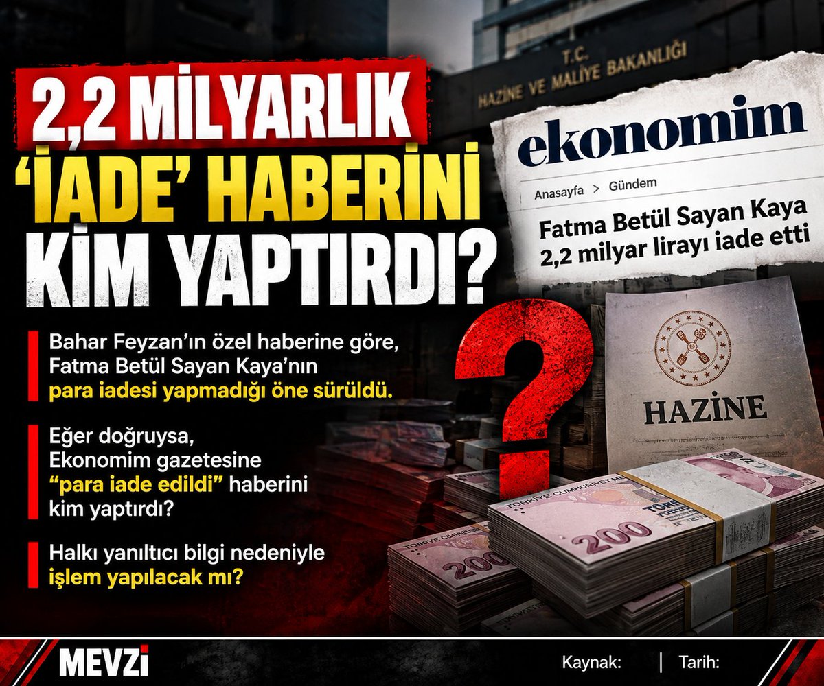 vatanmevzisi's tweet photo. 2,2 MİLYARLIK HABERİ KİM YAPTIRDI?

Fatma Betül Sayan Kaya’nın 2,2 milyar TL’yi Hazine’ye iade ettiği haberinin doğru olmadığı öne sürüldü.

Şimdi yanıt bekleyen iki soru var:

Ekonomim’e “para iade edildi” haberini kim yaptırdı?

Haber doğru değilse, “halkı yanıltıcı bilgiyi alenen yayma” kapsamında herhangi bir işlem yapılacak mı?

#FatmaBetülSayanKaya #FonSoruşturması #Ekonomim #Mevzi

Kaynak: Ekonomim / Nagehan Alçı