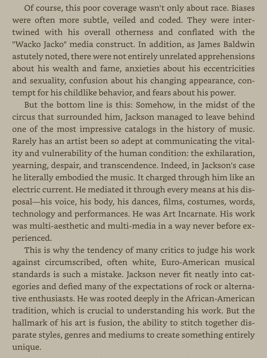LiberianGirl779's tweet photo. “Somehow, in the midst of the circus that surrounded him, Jackson managed to leave behind one of the most impressive catalogs in the history of music. Rarely has an artist been so adept at communicating the vitality and vulnerability of the human condition: the exhilaration, yearning, despair, and transcendence. Indeed, in Jackson's case he literally embodied the music. It charged through him like an electric current. He mediated it through every means at his disposal, his voice, his body, his dances, films, costumes, words, technology and performances. He was Art Incarnate. His work was multi-aesthetic and multi-media in a way never before experienced.”
