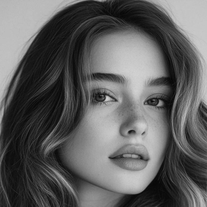 A black and white close-up portrait of a young woman with freckles, full lips, and wavy hair looking directly at the camera.